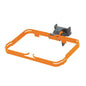 The TASKI cloth box holder with connector from Diversey Germany is an orange metal frame with rounded corners, designed for space-saving attachment of cloth boxes, laundry bags, or garbage bags to a gray mounting holder.