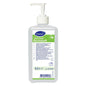 A 0.5-liter pump bottle made of white plastic containing Soft Care Dermasoft skincare cream by Diversey Deutschland GmbH & Co. OHG features a multilingual label with product details and instructions for this moisturizing cream.