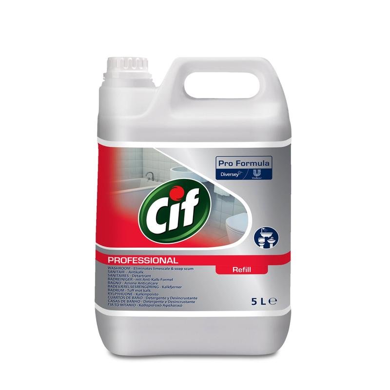 A white 5-liter plastic container of Cif Professional Bathroom Cleaner 2in1 from Diversey Deutschland GmbH & Co. OHG with a handle and screw cap. The label shows the Cif logo, product details, a clean bathroom image, and the features of the lime & bathroom cleaner deodorizer.