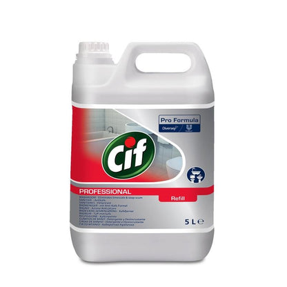 A white 5-liter plastic container of Cif Professional Bathroom Cleaner 2in1 from Diversey Deutschland GmbH & Co. OHG with a handle and screw cap. The label shows the Cif logo, product details, a clean bathroom image, and the features of the lime & bathroom cleaner deodorizer.