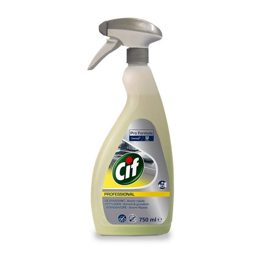 A 750 ml bottle of Cif Professional Degreaser from Diversey, strong kitchen degreaser, perfume-free, with a gray trigger nozzle and a multilingual label with images of kitchen appliances.