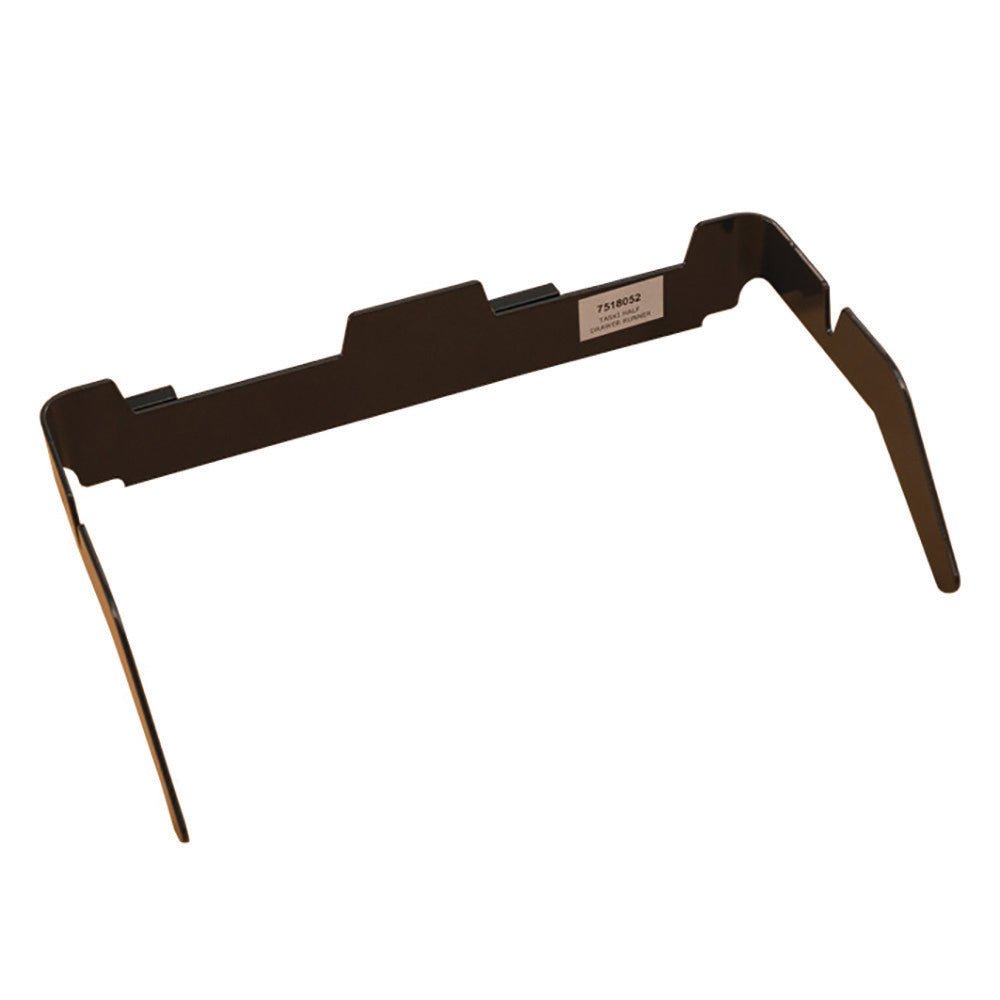The TASKI guide rail for half drawers (top) from Diversey Deutschland GmbH & Co. OHG, for half drawer 7517250, is a black metal bracket with angled arms and a label, ideal as a durable guide rail. The package contains 1 piece.