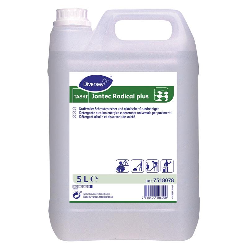 The 5L TASKI Jontec Radical plus, a powerful floor cleaner from Diversey Deutschland GmbH & Co. OHG in a canister - ideal for alkali-resistant floors.
