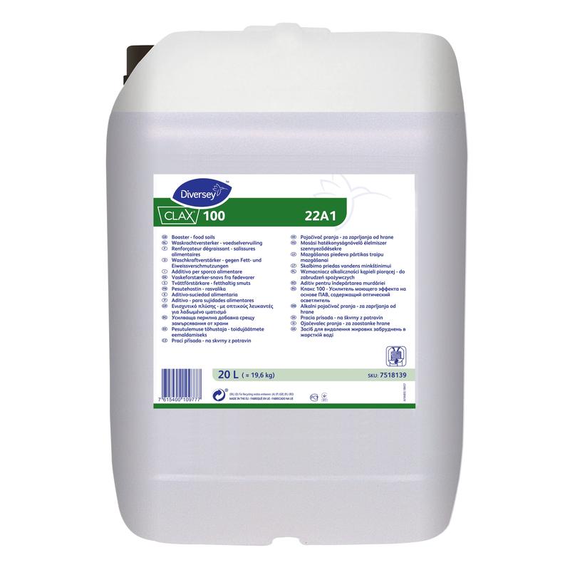 A 20-liter canister of Clax 100 washing power booster - food contamination from Diversey Deutschland GmbH & Co. OHG, with a white, multilingual label, handle, and screw cap for the effective cleaning of food stains.