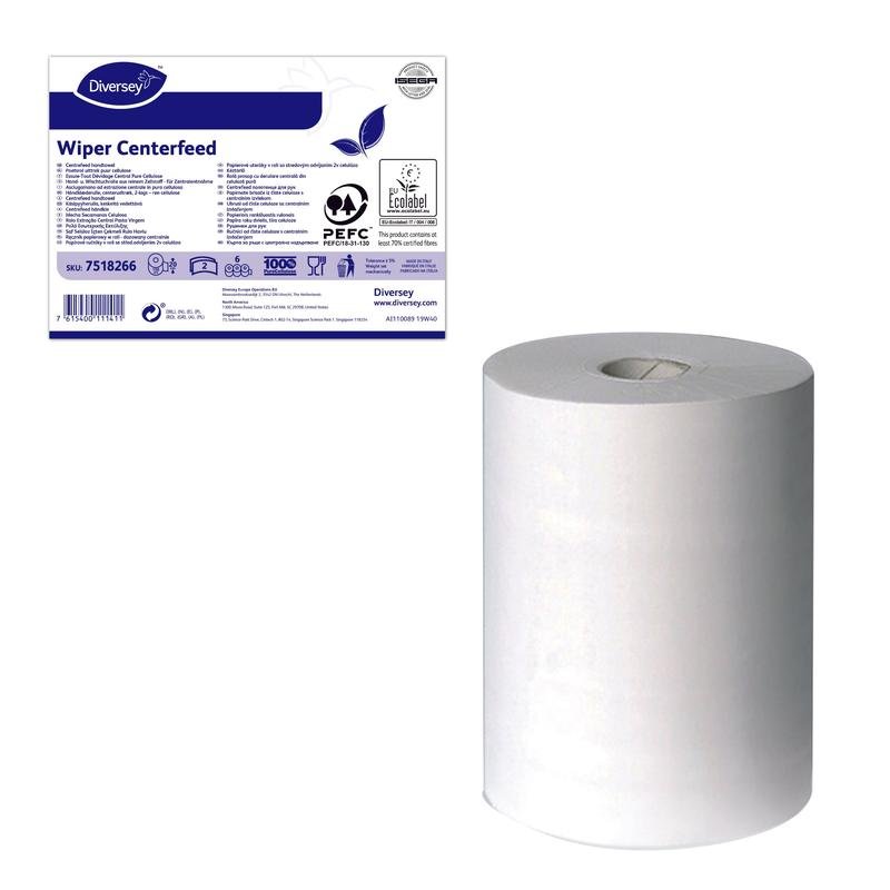 A close-up shows the Midi white 2-ply cleaning cloth roll (pure cellulose, perforated, 20 cm x 150.48 m, 18.5 g/m²) from Diversey Deutschland GmbH & Co. OHG - ideal for paper roll holders with internal unwinding. Packaging label with product information and certificates.