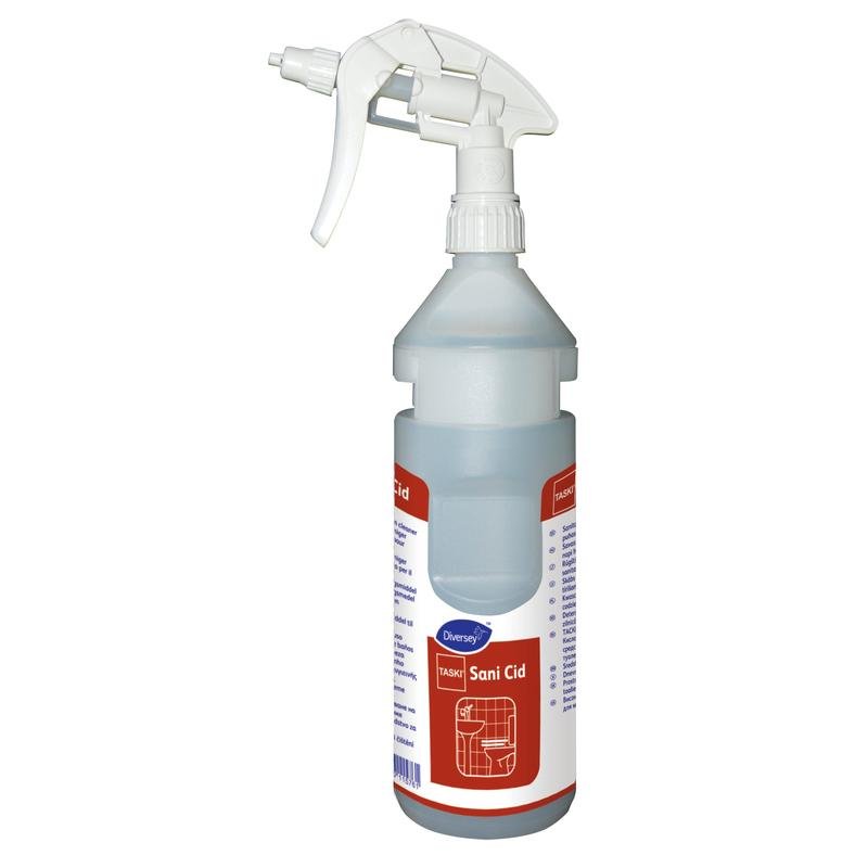 Clear 0.75l bottle kit Sani Cid conc refill bottle with dispenser band from Diversey Deutschland GmbH & Co. OHG, suitable for Divermite and DQFM systems. Labeled with product information and instructions for use. Contains 1 bottle.
