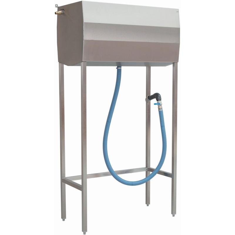 The Josto Service Station 300 from Diversey Deutschland GmbH & Co. OHG is a 300L stainless steel filling station for scrubber dryers, ideal for commercial cleaning companies, equipped with a rectangular tank, metal stand, blue hose, and dispensing nozzle.