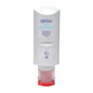 An upright, white Soft Care hand soap dispenser from Diversey Deutschland GmbH & Co. OHG with a red base. The label shows the product name, gentle cleaning instructions, and a blue line drawing of a hand using the dispenser.