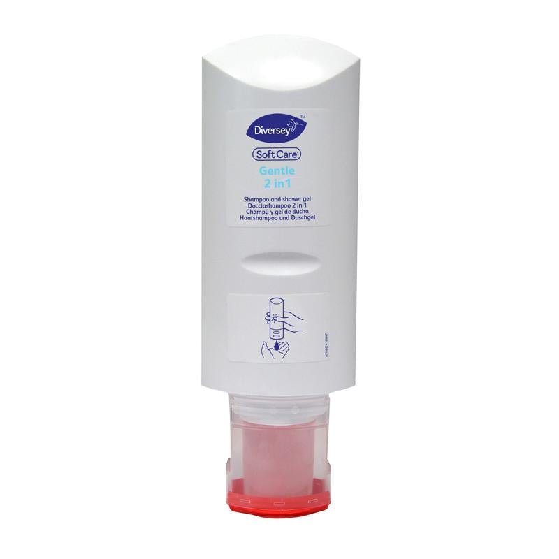 A white 300 ml bottle of Soft Care Gentle 2in1 shower gel and shampoo from Diversey Deutschland GmbH & Co. OHG, with a red cap, is depicted standing on its head. The front label and the note on the gentle formula are visible.