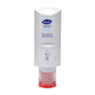 A white 300 ml bottle of Soft Care Gentle 2in1 shower gel and shampoo from Diversey Deutschland GmbH & Co. OHG, with a red cap, is depicted standing on its head. The front label and the note on the gentle formula are visible.