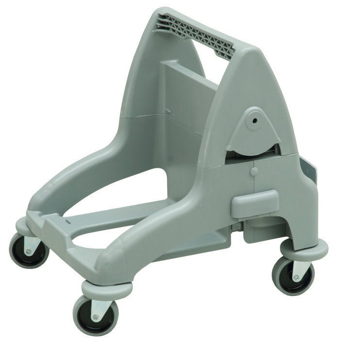The Diversey TASKI DuoMop single bucket system chassis is a gray plastic chassis with four swivel casters, raised sides, and a handle. It was developed for the DuoMop system and is ideal for stable manual transport of containers during floor care. Package: 1 piece.