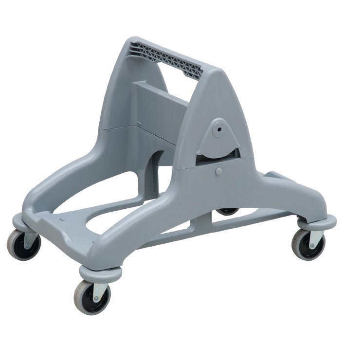 The TASKI DuoMop two-bucket system trolley from Diversey Deutschland GmbH & Co. OHG is a gray plastic trolley with four swivel casters and a high central handle, ideal for manual use with large containers or for floor cleaning tasks.