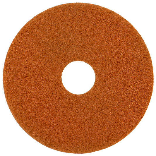 The Twister Pad orange for stone floors by Diversey Deutschland GmbH & Co. OHG is a round, flat pad with a rough texture and microscopic diamonds, hole in the middle, depicted on a white background.