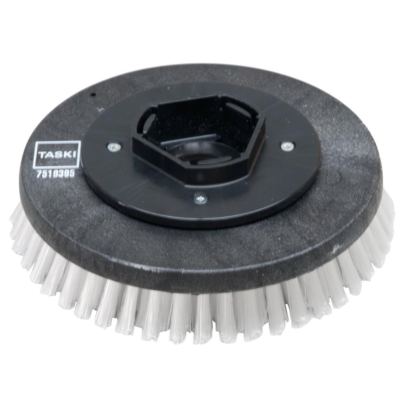A round black plastic nylon scrub brush (28 cm) from Diversey Deutschland GmbH & Co. OHG, with stiff white bristles, compatible with the swingo 955/1255/2100/5000 for thorough cleaning—standard scrub brush, 1 piece per package.