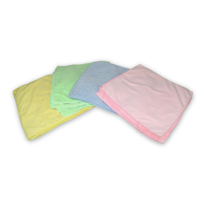 Four stacks of Nölle Profi Brush Soft-Line microfiber cloths from Nölle Profi Brush Bürsten- & Pinseltechnik e.K., in yellow, green, blue, and pink, are arranged on a white background. Each stack consists of several neatly folded, versatile cleaning cloths.