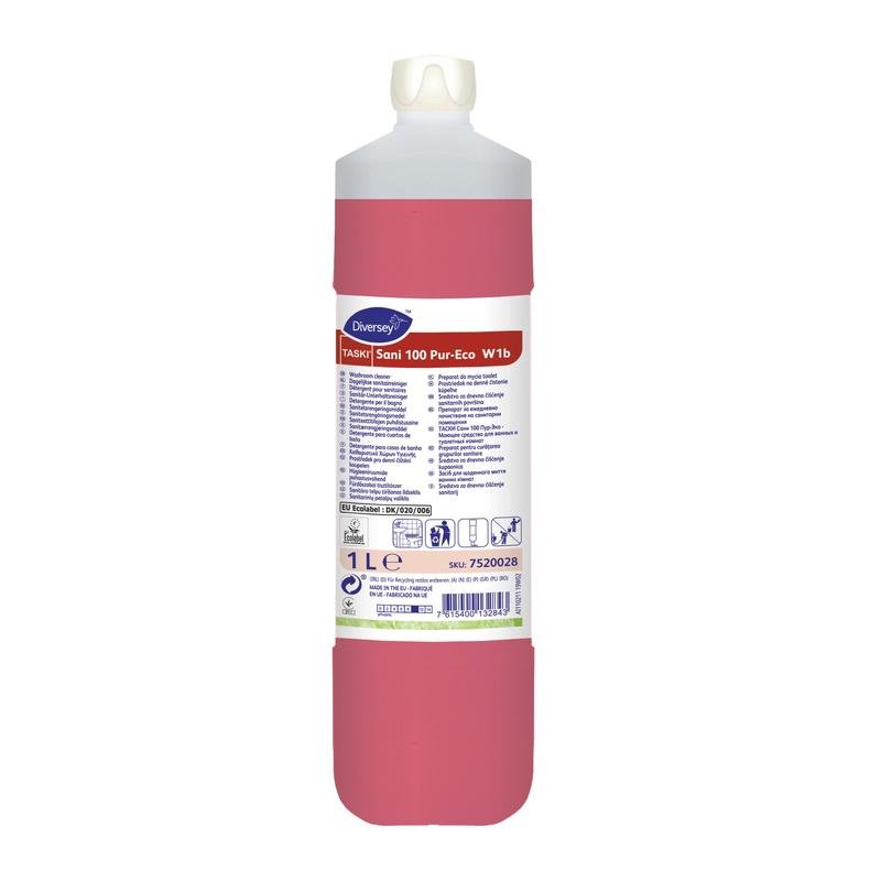 A 1-liter bottle of TASKI Sani 100 Neutral Sanitary Cleaner from Diversey Deutschland GmbH & Co. OHG features a white cap, red liquid, and a label with instructions, symbols, and product details for hygienic sanitary cleaning.