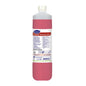A 1-liter bottle of TASKI Sani 100 Neutral Sanitary Cleaner from Diversey Deutschland GmbH & Co. OHG features a white cap, red liquid, and a label with instructions, symbols, and product details for hygienic sanitary cleaning.