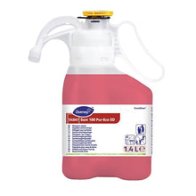A 1.4-liter container TASKI Sani 100 Pur-Eco, pH-neutral sanitary cleaner from Diversey Deutschland GmbH & Co. OHG, ideal for marble surfaces, with EU eco-certification; with white lid/handle, yellow cap, red liquid.