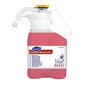 A 1.4-liter container TASKI Sani 100 Pur-Eco, pH-neutral sanitary cleaner from Diversey Deutschland GmbH & Co. OHG, ideal for marble surfaces, with EU eco-certification; with white lid/handle, yellow cap, red liquid.