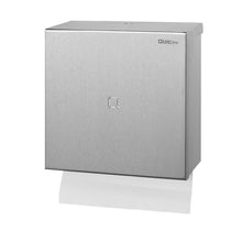 The QBic folding hand towel dispenser made of stainless steel by Diversey Deutschland GmbH & Co. OHG is wall-mounted, rectangular, lockable, and dispenses paper towels from the bottom. A small logo is located at the top right of the dispenser.