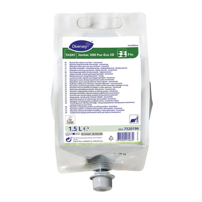 A 1.5-liter plastic bag of TASKI Jontec 300 Pur-Eco floor cleaner concentrate from Diversey Deutschland GmbH & Co. OHG, with a gray dosing cap and product information on the front label.