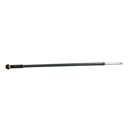 The TASKI Jonmaster UltraPlus telescopic handle aluminum from Diversey Deutschland GmbH & Co. OHG features a black-silver design, an orange logo next to the black handle, a metal connector, and is suitable for professional cleaning applications.