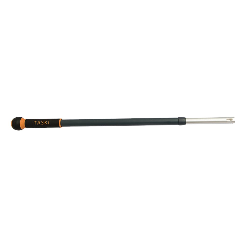 A black and orange TASKI Jonmaster UltraPlus telescopic handle made of aluminum from Diversey Deutschland GmbH & Co. OHG, with a metal connector and rubberized grip, designed for professional cleaning, pictured on a white background.