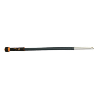 A black and orange TASKI Jonmaster UltraPlus telescopic handle made of aluminum from Diversey Deutschland GmbH & Co. OHG, with a metal connector and rubberized grip, designed for professional cleaning, pictured on a white background.