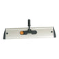 The TASKI Jonmaster UltraPlus Mop Holder Aluminium by Diversey Deutschland GmbH & Co. OHG features a metal base, black plastic clips, a central black pole attachment, and an orange button - ideal for professional cleaning - against a white background.