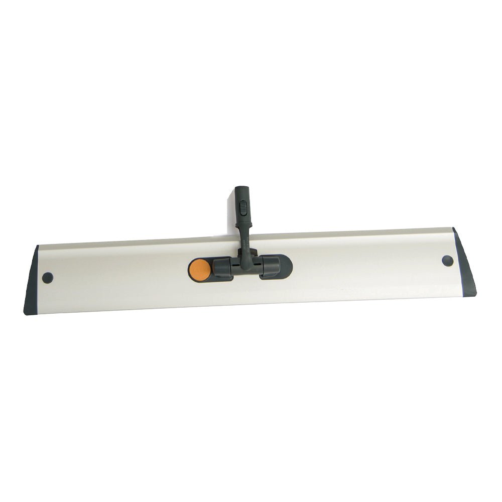 The TASKI Jonmaster UltraPlus Mop Holder Aluminium by Diversey Deutschland GmbH & Co. OHG is a flat, rectangular aluminum frame with a central hinge and an orange button, mostly silver with black end caps, for professional cleaning.