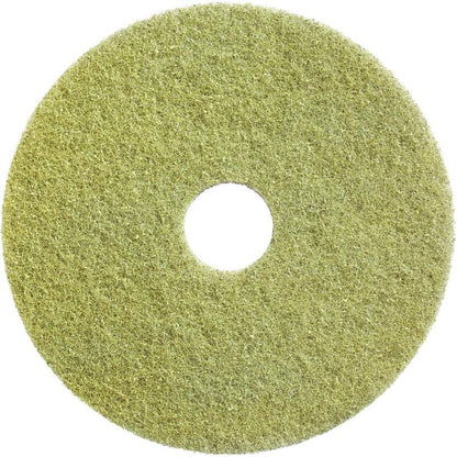 The Diversey Twister Pad (yellow) by Diversey Deutschland GmbH & Co. OHG is a round, yellow-green scouring pad with a coarse structure and central hole, depicted from above on a white background. It is suitable for restoring stone floors.