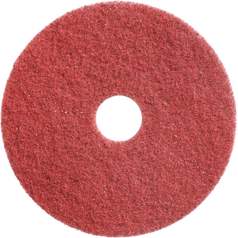 A red Twister Pad, scrubbing and deep cleaning pad by Diversey Deutschland GmbH & Co. OHG, with a rough structure and middle hole, viewed from above on a white background – ideal for professional cleaning applications.