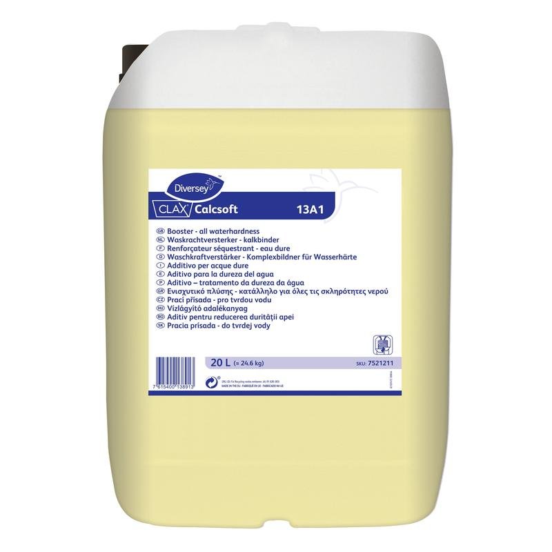A 20-liter canister of Clax Calcsoft 13A1 Liquid Water Softener from Diversey Deutschland GmbH & Co. OHG, with a white lid, yellow liquid, and a front label with multilingual product information and instructions for commercial use.