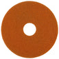 The Twister Pad orange for stone floors by Diversey Deutschland GmbH & Co. OHG is a round, orange floor pad with a rough texture and a large central hole for cleaning stone floors using microscopic diamonds, viewed from above on a white background.