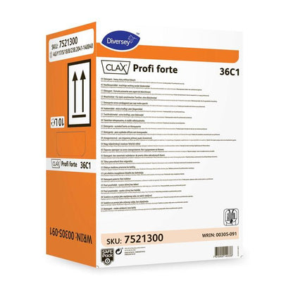 A rectangular 10-liter package of Clax Profi Forte 36C1 liquid detergent from Diversey Deutschland GmbH & Co. OHG with orange and white lettering and multilingual instructions is intended for use in commercial washing machines.