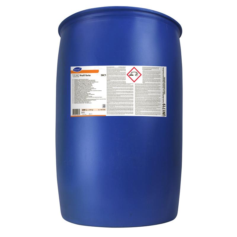 A large blue plastic drum with warning labels, including a red diamond symbol, contains Diversey Deutschland GmbH & Co. OHG's liquid detergent Clax Profi Forte 36C1 for commercial washing machines.