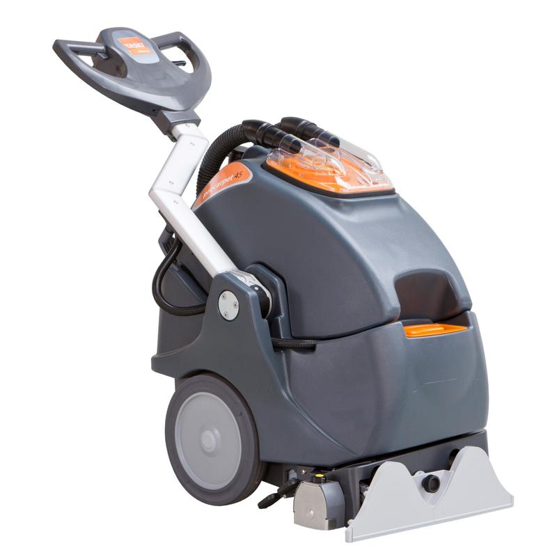 The TASKI procarpet 45 spray extraction and encapsulation machine from Diversey Deutschland GmbH & Co. OHG impresses with its gray/orange design, large wheels, push handle, hoses, clear tank lid, and wide cleaning nozzle at the front.