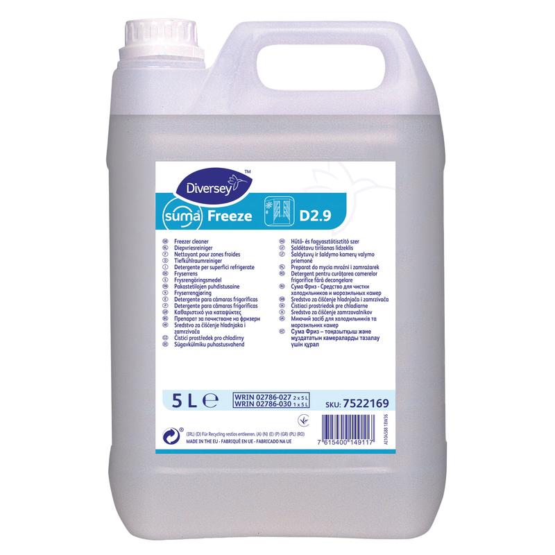 A 5-liter canister of Suma Freeze D2.9 freezer room cleaner from Diversey Deutschland GmbH & Co. OHG, designed for the hygienic cleaning of freezers, features a handle on the top and a multilingual product label.