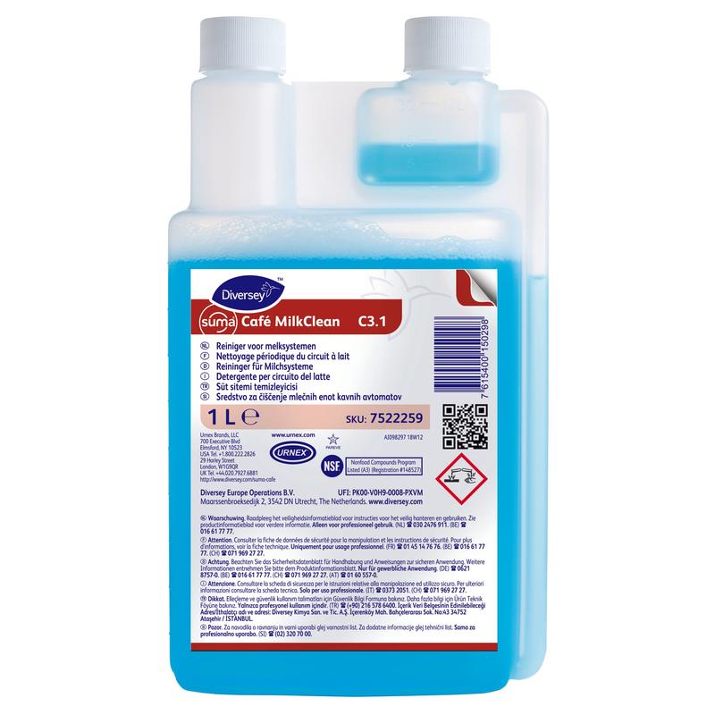 The 1L Suma Café MilkClean C3.1 milk system cleaner from Diversey Deutschland GmbH & Co. OHG features a blue liquid, a dual-neck bottle, a white cap, and a multilingual label with usage and safety instructions for cleaning coffee machines.