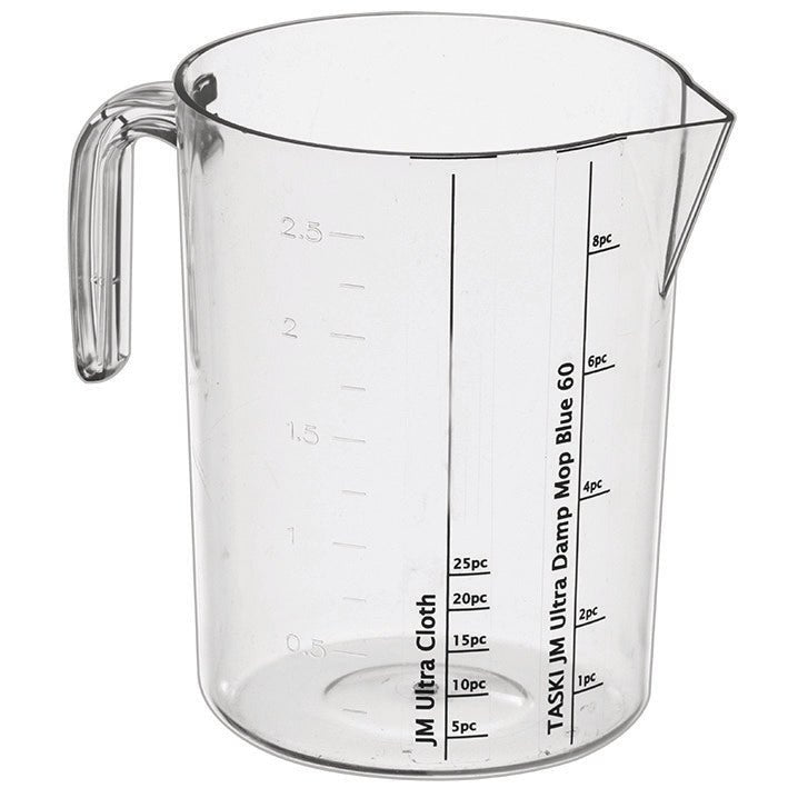 The Diversey Measuring Jug with Sticker Set (1 piece) from Diversey Deutschland GmbH & Co. OHG is a transparent plastic jug with a handle, spout, liter markings, and reference lines for preparing TASKI Jonmaster mops. Includes a sticker set for easy identification.