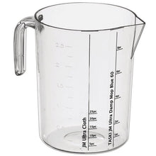 The Diversey measuring cup including sticker set (1 piece) from Diversey Deutschland GmbH & Co. OHG is a transparent plastic jug with a handle, spout, liter markings, and reference lines for the preparation of TASKI Jonmaster mops. Includes sticker set for easy identification.