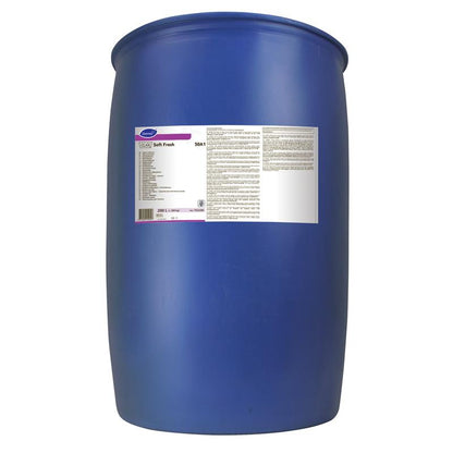 A large blue industrial plastic drum labeled "Clax Soft Fresh 50A1 fabric softener with a fresh scent" from Diversey Deutschland GmbH & Co. OHG, for storing fabric softener that reduces static charge and gives the laundry a fresh scent.
