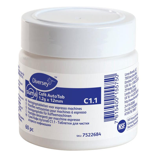 A white plastic container from Diversey Deutschland GmbH & Co. OHG, labeled "Suma Café AutoTab Cleaning Tablets for Espresso Machines 60 pcs.", removes coffee fats and oils and extends the life of the machine. Includes a multilingual label.