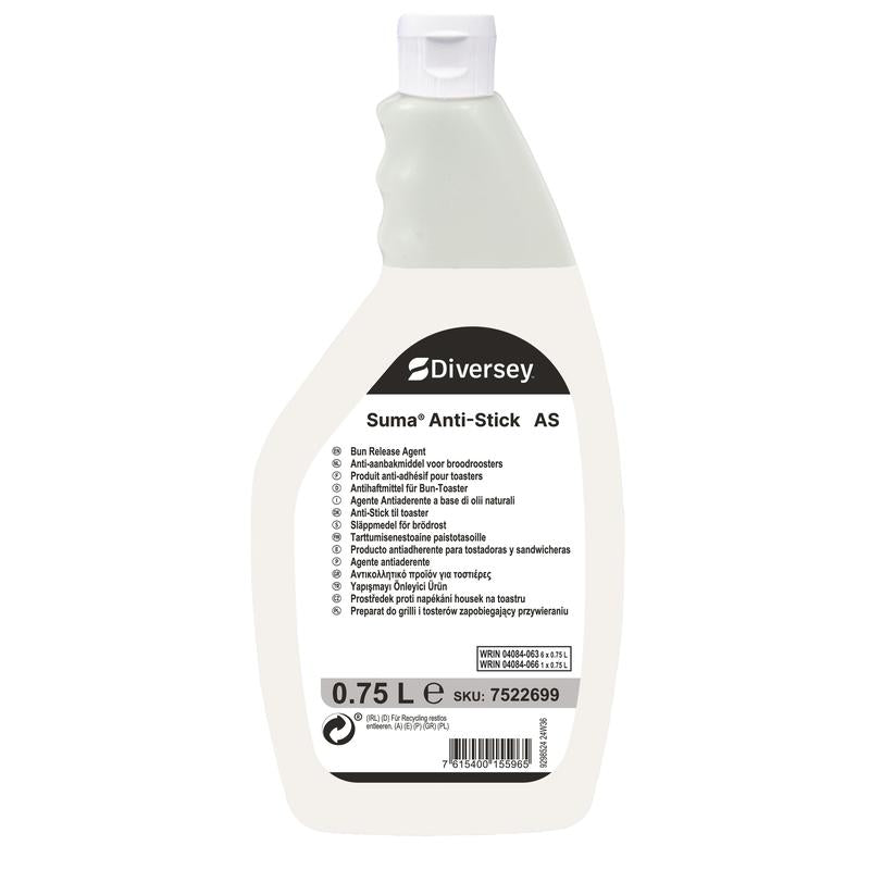 A 750 ml bottle of Suma Anti-Stick AS non-stick agent for bun toasters by Diversey Deutschland GmbH & Co. OHG, with a white label, ergonomic handle, and multilingual instructions - perfect for professional cleaning of kitchen toasters.