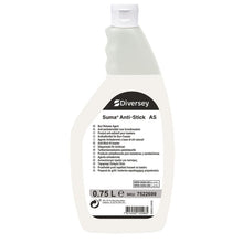 A 750 ml bottle of Suma Anti-Stick AS non-stick agent for bun toasters by Diversey Deutschland GmbH & Co. OHG, with a white label, ergonomic handle, and multilingual instructions - perfect for professional cleaning of kitchen toasters.