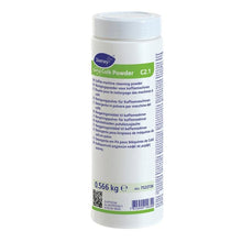 A white cylindrical container labeled "Suma Café Powder C2.1, cleaning powder for coffee machines" (566 g) from Diversey Deutschland GmbH & Co. OHG with clearly visible multilingual product information on the label.