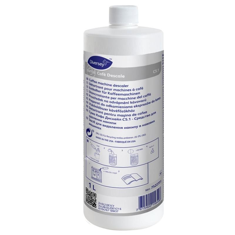 The white 1-liter bottle Diversey Deutschland Suma Café Descale C5.1 coffee machine descaler with blue label and white screw cap is intended for the removal of limescale deposits in professional kitchen coffee machines.