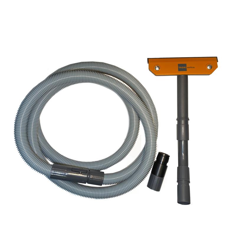 On a white background, a gray flexible hose, a gray-orange floor nozzle, and an adapter from the hand cleaning set, Seter Ha for manual operation (Diversey Deutschland GmbH & Co. OHG), are depicted.