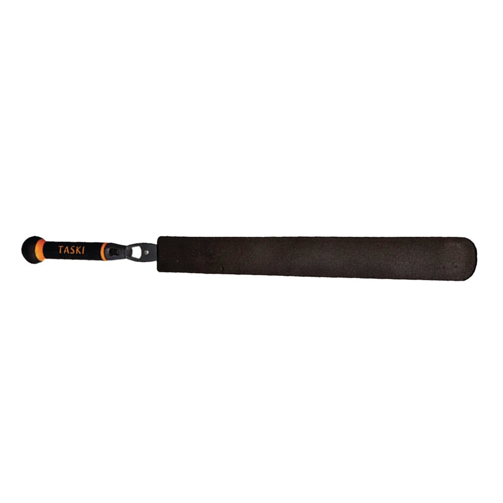 The Jonmaster UltraPlus Interior Mop Holder from Diversey Deutschland GmbH & Co. OHG is a flexible, black, rectangular cleaning tool with a padded handle, orange "TASKI" label, and end loop, designed for thorough cleaning.