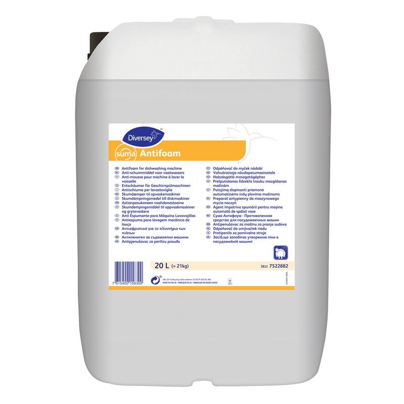 A white 20-liter plastic canister with the label "Suma Antifoam, defoamer for machine washing" from Diversey Deutschland GmbH & Co. OHG with multilingual text on a blue/yellow label, with a handle and dark lid. Ideal for machine washing.